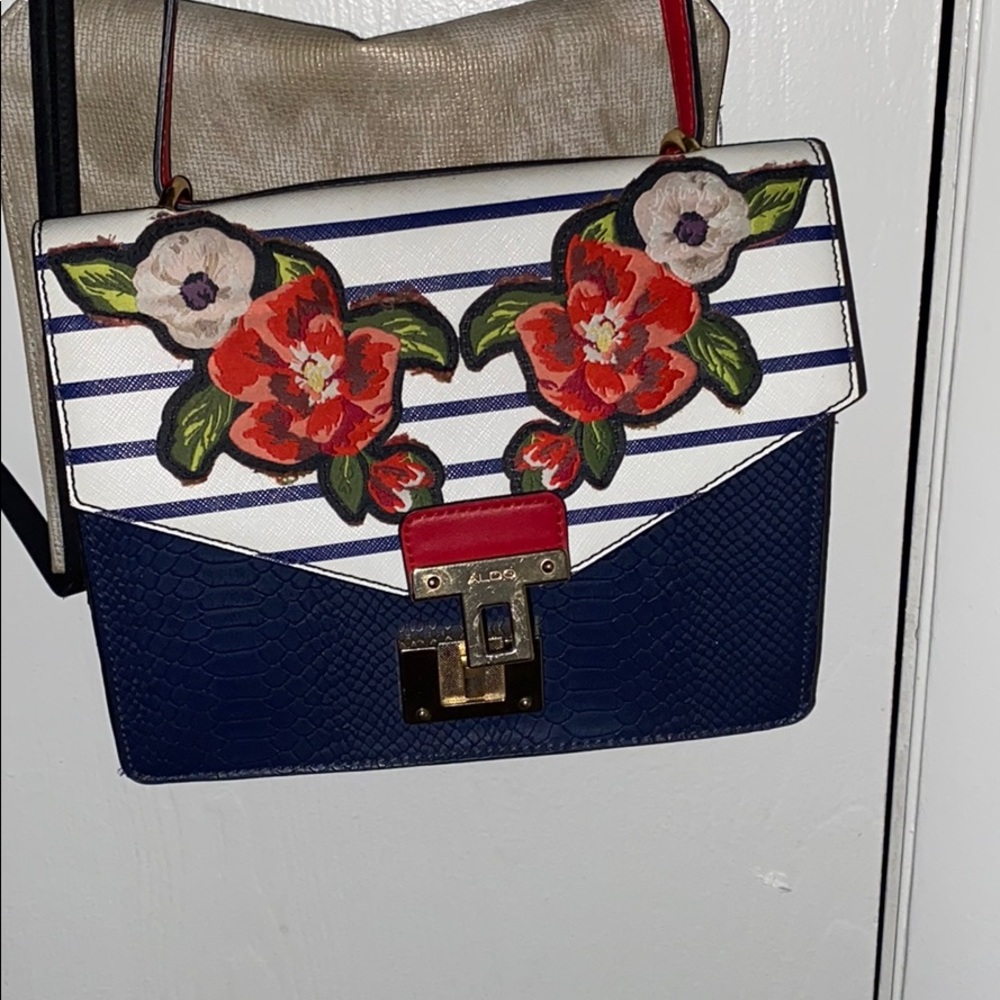 Aldo Navy and White Stripe Floral Purse